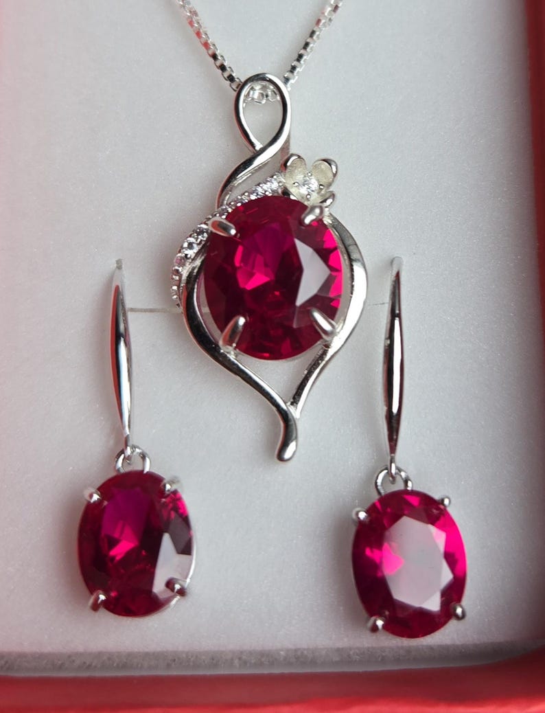 Deep Red Ruby Necklace/Earring Set, See Video! 10x12mm/8x10mm Lab Grown Gems, 925 Sterling Settings, 18" Chain, Choice Of Ear Wire Styles image 6