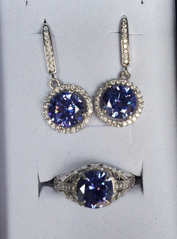 Tanzanite Vintage Style Ring/Earring Set,See Beautiful Color On Video! 8mm Round Cubic Zirconia, 925 Sterling Ring & Halo Earrings