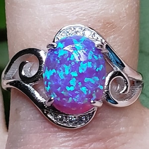 Deep Lavender Blue Fire Opal Ring See Purple Blue Flash! Lab Created Opal. Sterling Swirl with Crystal Accented Ring.Adjustable Size 5-8