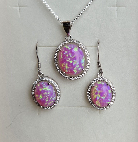 Pink Opal Necklace/Earring Set,Pretty 10x12mm Lab Created Opal, 8x10mm Lab Opal Earrings, 925 Sterling Silver CZ Halos, 18" Sterling Chain