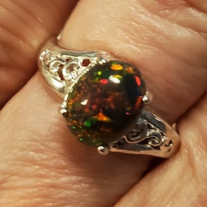 Real Black Opal Filigree Ring, See Sparkly Fire On Video! 9x7mm Ethiopian Opal,  925 Sterling Bypass Ring, Size 7