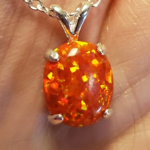 Orange Fire Opal Necklace, See Video! Gorgeous Firey 10x12mm Lab Created Opal, Choice Of 925 Sterling Pendant Styles, 18&quot; Sterling Chain