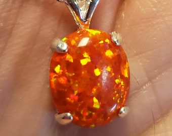 Orange Fire Opal Necklace, See Video! Gorgeous Firey 10x12mm Lab Created Opal, Choice Of 925 Sterling Pendant Styles, 18&quot; Sterling Chain