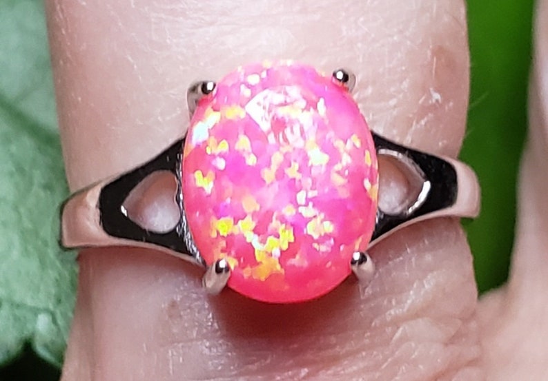 Adjustable Size Fire and Flash with This Lab Stone 8x10mm Hot Pink Fire Opal Heart Design Sterling Ring