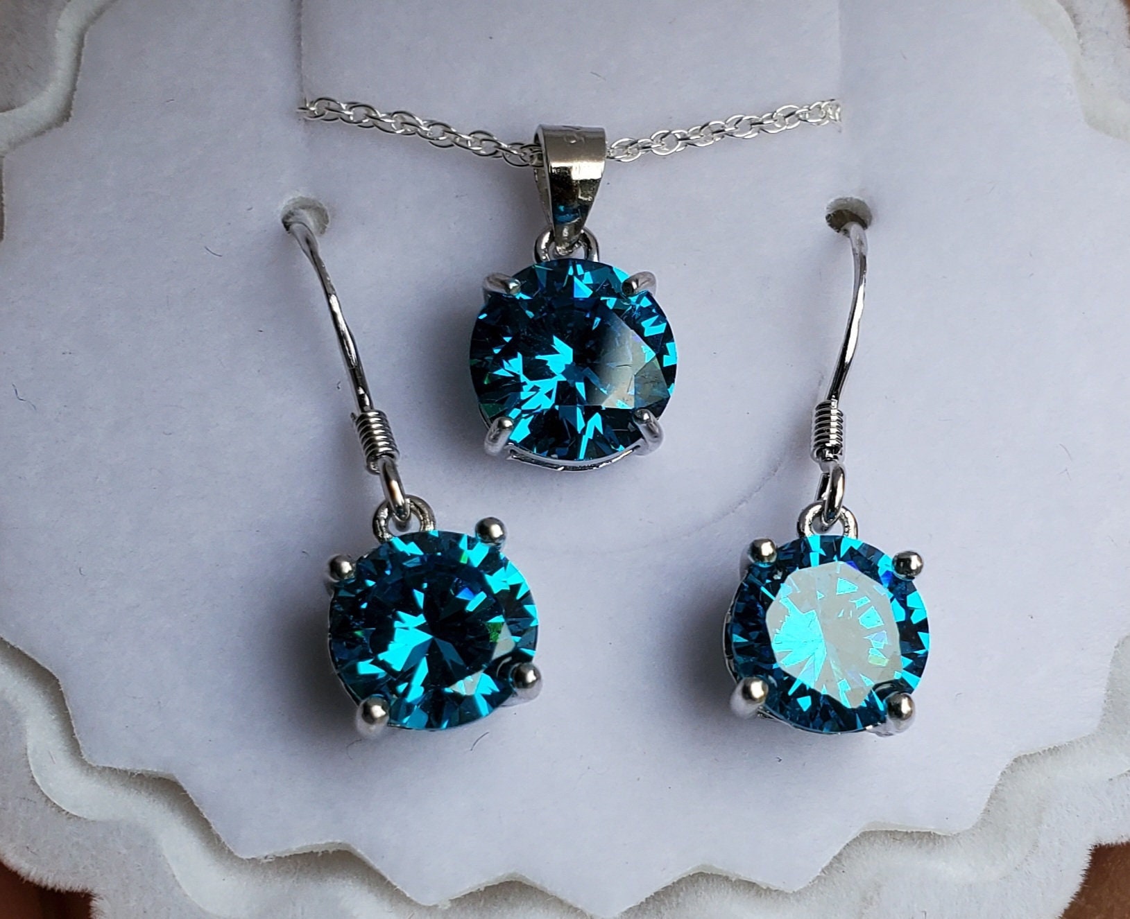Cloudrivercreations Electric Blue Necklace/Earring Set, Must See Color on Video! 8mm/7.5mm Cubic Zirconias, 925 Sterling Silver Settings,Ear Wires, Shell Box
