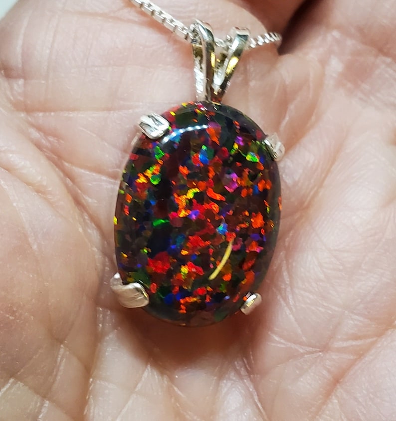 Large Black Cherry Opal Necklace, Must See Cherry Fire On Video 15x20mm Lab Created Opal, Unisex 925 Sterling Pendant, 18 Sterling Chain image 1