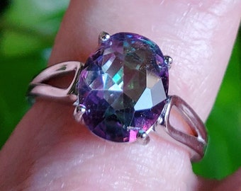 Genuine Mystic Topaz Ring, See Colorful Rainbow Sparkle On Video! 8x10mm Topaz, 925 Sterling Silver Split Shank Ring