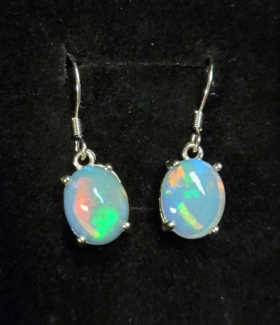 Natural Fire Opal Silver Earrings, See Pretty Fire On Video! 8x10mm Ethiopian Opals, 925 Sterling Silver Settings, Rhodium Plated, Ear Wires