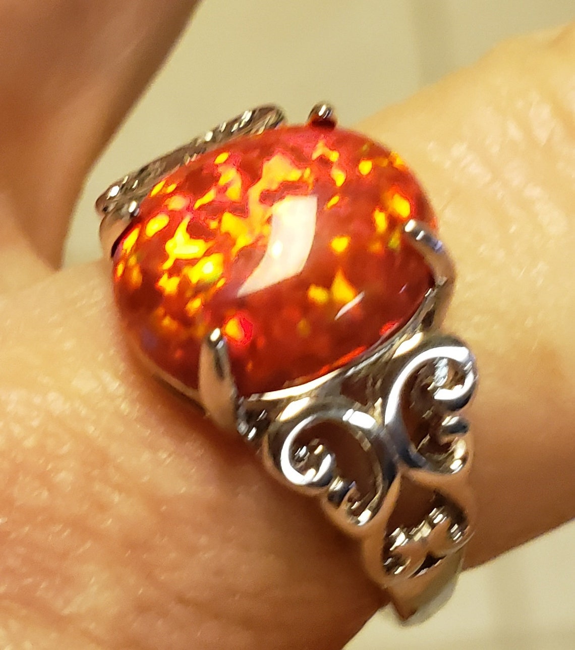 Red Fire Opal Ring See Video Large Lab Opal 10x12mm Full Of Etsy