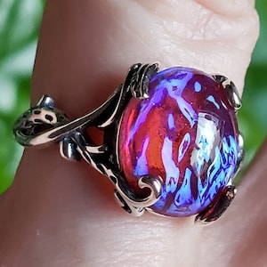 Dragons Breath Ring Vintage Cabochon, See Video For Crazy Blue Flash! 10x12mm German 1950's Glass. Sterling Vine Ring, Adjustable Size 5-8.5