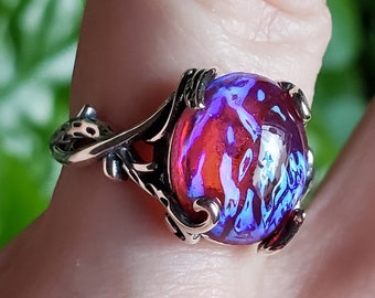 Dragons Breath Ring Vintage Cabochon, See Video For Crazy Blue Flash! 10x12mm German 1950's Glass. Sterling Vine Ring, Adjustable Size 5-8.5