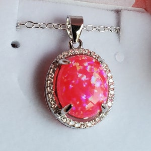 Hot Pink Opal Halo Necklace, See Pretty Fire On Video! 10x12mm Lab Created Opal, 925 Sterling Crystal Halo Pendant, 18" Sterling Chain