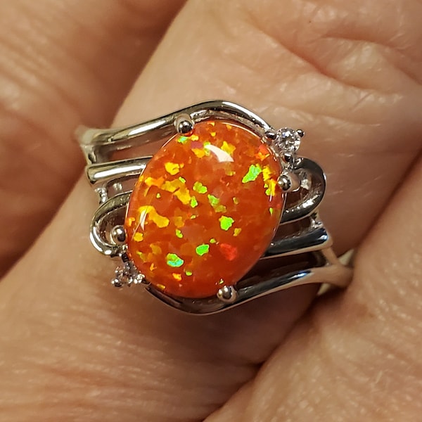 Orange Fire Opal Ring, See Fire On Video! 8x10mm Lab Created Favorite Opal, 925 Sterling Curves Ring w/Accent CZs