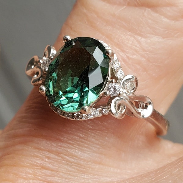 Alexandrite Color-Change Ring, See Video! 9x7mm 2 Ct Simulated Gem, 925 Sterling Scroll Ring w/CZ Accents. Velvet Box