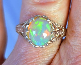 Natural Opal Vintage Style Ring, 1.7 Ct Ethiopian Opal, See Video! 925 Sterling Vintage Style Filigree Ring, Size 6. Velvet Ring Box