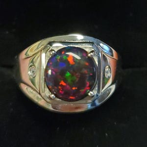 Black Or Blue Opal Men&#39;s Silver Ring, See Video! Choice Of 10mm Lab Created Opals, 925 Sterling Ring w/Accent Gems, Velvet Box