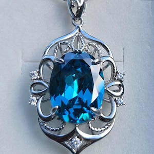 Deep Sea Blue CZ Rococo Necklace, 12x16mm Cubic Zirconia Gem, See Video! 925 Sterling Pendant, 20" Sterling Chain. Gift Box