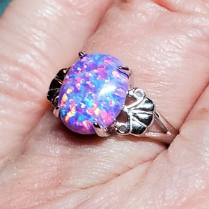 Lavender Purple Opal Ring, See Video For Multicolored Fire! 8x10mm Lab Created Opal, 925 Sterling Silver Crescent Design Ring Multiple Sizes