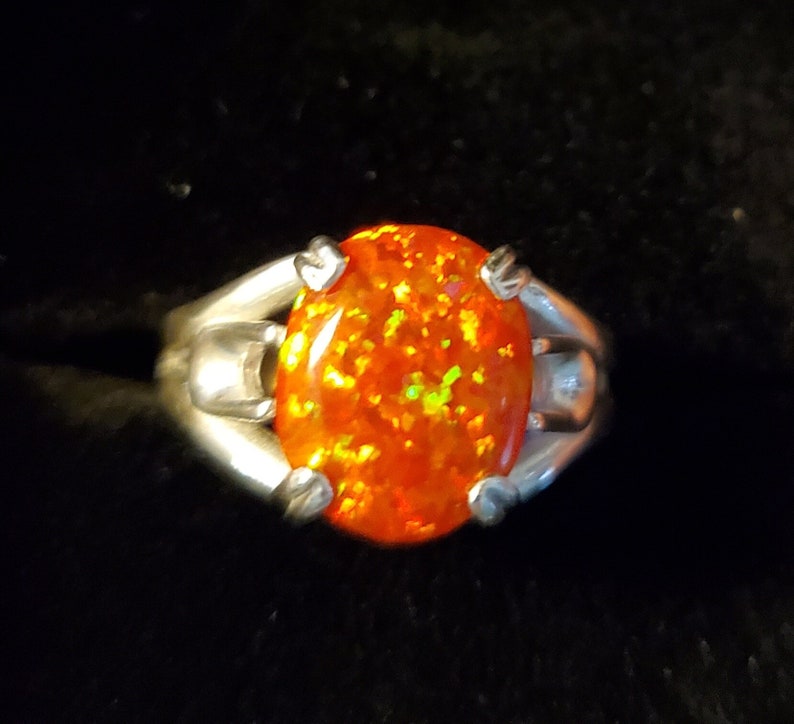 Orange Fire Opal Unisex/ Men's Ring, See Video For Fire! Big 10x12mm Lab Created Opal, 925 Sterling Silver Ring, Sizes in Dropdown image 3