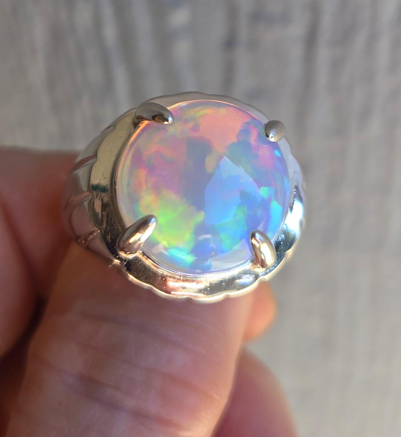 Natural 8.2 Ct Round Fire Opal Ring, 15.7mm Ethiopian Opal, See Amazing Fire On Video! 925 Sterling Mens/Unisex Ring, Size 10. Velvet Box
