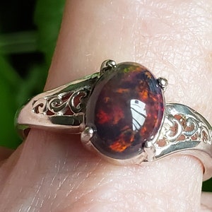 Real Black Opal Ring, See Video For Red Flash! 9x7mm Opal, 925 Sterling Silver Filigree Bypass Ring, Size 9