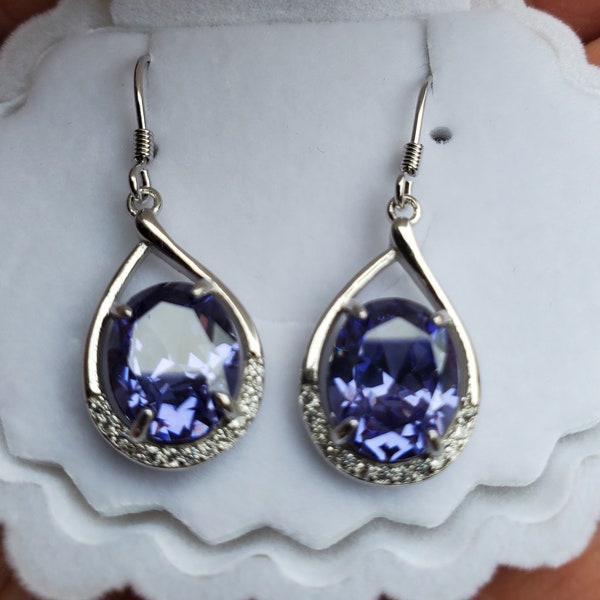 Tanzanite CZ Earrings, See Video For Amazing Color! 8x10mm Pretty Simulated Gems 925 Sterling Dangles W/Crystal Accents,Ear Wire Style