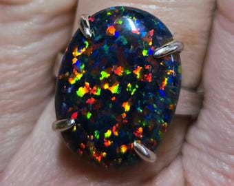 Very Large Black Opal Sterling Statement Ring, See Video! 15x20mm Lab Created Opal, 925 Sterling Silver Ring, Velvet Box