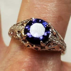 Alexandrite Color-Change Vintage Style Ring, Watch Whole Video For Colors! Simulated 8mm 2.2 Ct Round Gem, 925 Sterling w/CZs