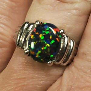 Black Fire Opal Ring, See Flash on Video! Choice of 8x10mm Lab Created Opal, 925 Sterling Silver Sturdy Ring, Multiple Sizes