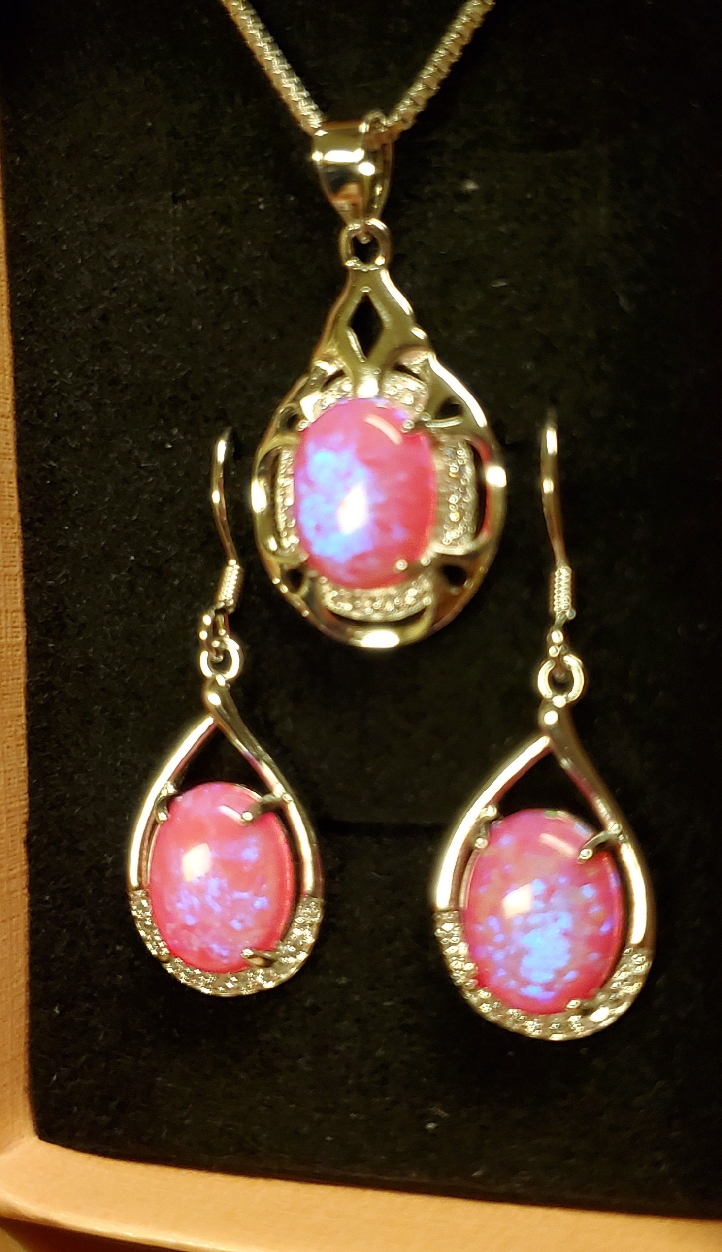 ★ROSEMONT★ Silver Pink Opal Earrings Necklace Set La Vie E Bright Pink Opal Set Necklace/earrings, See Video! 8x10mm