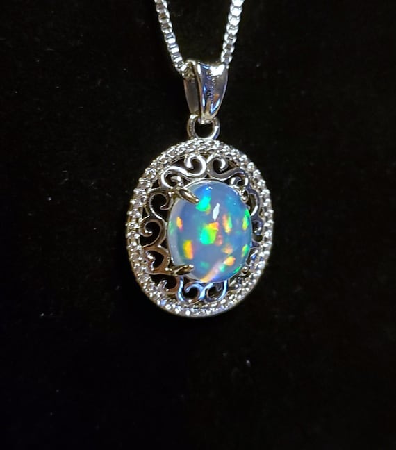 Sterling Silver Opal And Colorful Rainbow CZ Halo Necklace Sterling Silver Opal And Colorful Rainbow CZ Halo Necklace