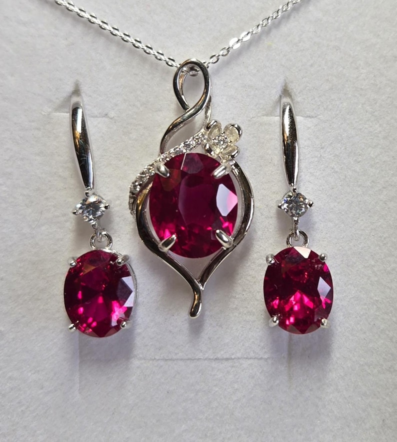Deep Red Ruby Necklace/Earring Set, See Video! 10x12mm/8x10mm Lab Grown Gems, 925 Sterling Settings, 18" Chain, Choice Of Ear Wire Styles image 13