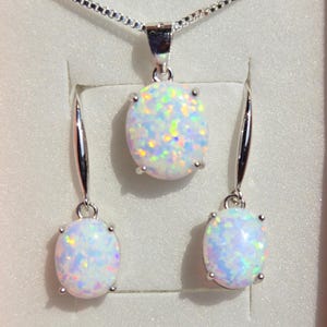 White Fire Opal Set Necklace/Earring, See Rainbow Fire On Video! 10x12mm/8x10mm Lab Created Opals, 925 Sterling Pendant w/18" Chain,Ear Wire