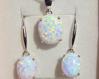 White Fire Opal Set Necklace/Earring, See Rainbow Fire On Video! 10x12mm/8x10mm Lab Created Opals, 925 Sterling Pendant w/18" Chain,Ear Wire