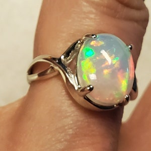 Natural Fire Opal Ring, See Colorful Fire On Video! Big 11x9mm Ethiopian Opal, Elegant 925 Sterling Crossover Ring, Size 6