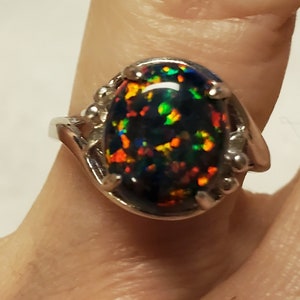 Black Fire Opal Ring, See Fire On Video! Choice of Mostly Green or Red Fire 11x9mm Lab Created Opal, 925 Sterling Silver Ring