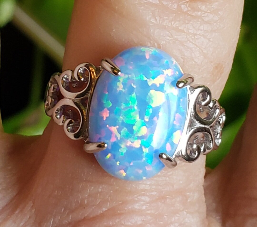 Cornflower Blue Opal Ring, 10x14mm Lab Opal, 925 Sterling