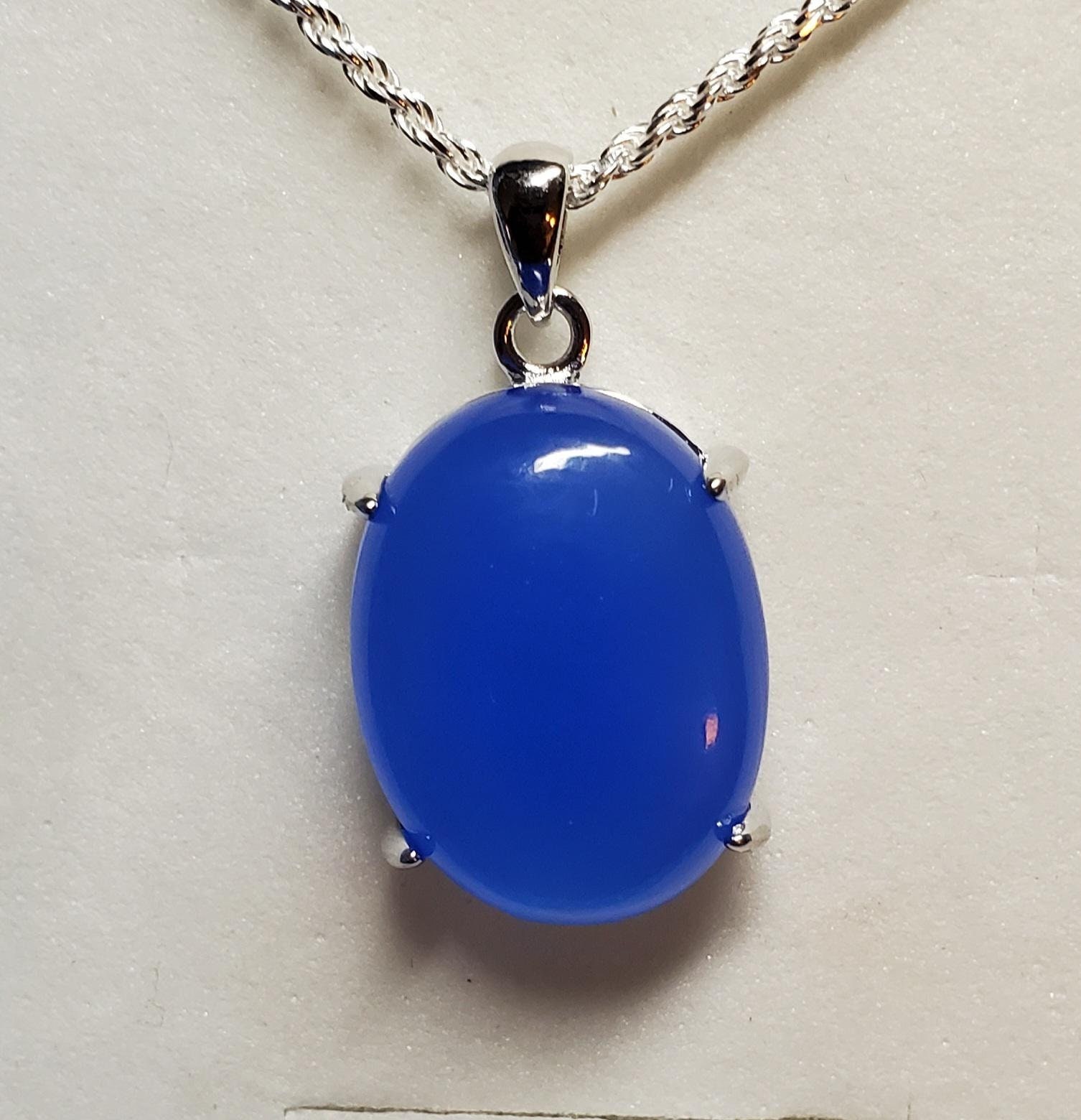 Big Natural Blue Chalcedony Necklace, See Pretty Color On Video! 15x20mm Stone Cab, 925 Sterling Pendant, 18" Sterling Rope Chain. Gift Box