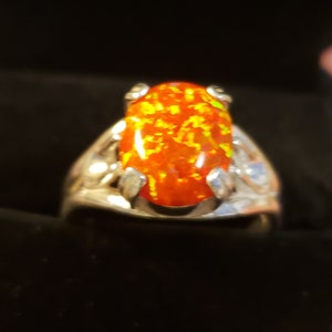 Orange Fire Opal Unisex/ Men's Ring, See Video For Fire! Big 10x12mm Lab Created Opal, 925 Sterling Silver Ring, Sizes in Dropdown image 6