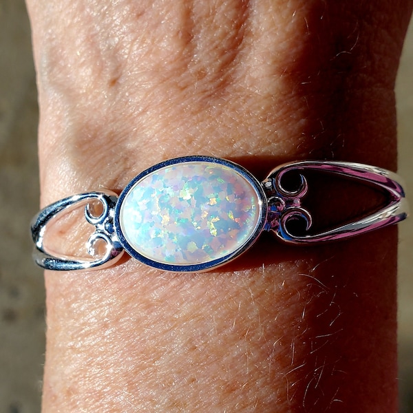 White Fire Opal Bracelet, See Rainbow Fire On Video! 13x18mm Lab Created Opal, 960 Argentium Silver Scroll Cuff Bracelet (Fits 6-8")