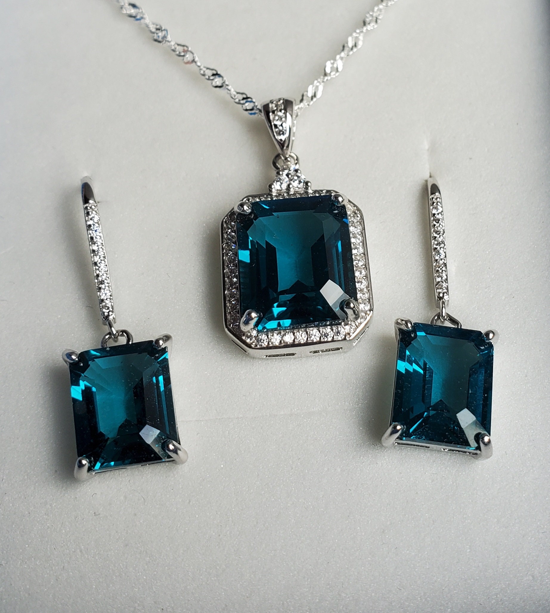 Teal Rectangle Gem Set Necklace/earring, See Amazing Color on Video ...
