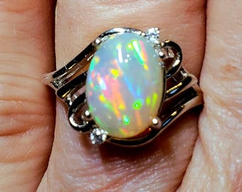 Natural Rainbow Opal Ring, 8x10mm Ethiopian Opal, See Video! 925 Sterling Ring w/2 Accent CZs, Size 6. Velvet Box