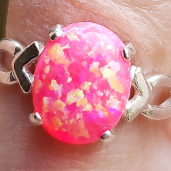 Hot Pink Fire Opal Sterling Silver Ring, Beautiful Lab Created Opal 8x10mm. Sparkles and Flashes!