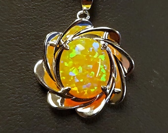Yellow-Orange Opal Sun Necklace, See Video For Fire! 10x12mm Lab Created Citrine Color Opal, 925 Sterling Unisex Pendant, 18" Sterling Chain