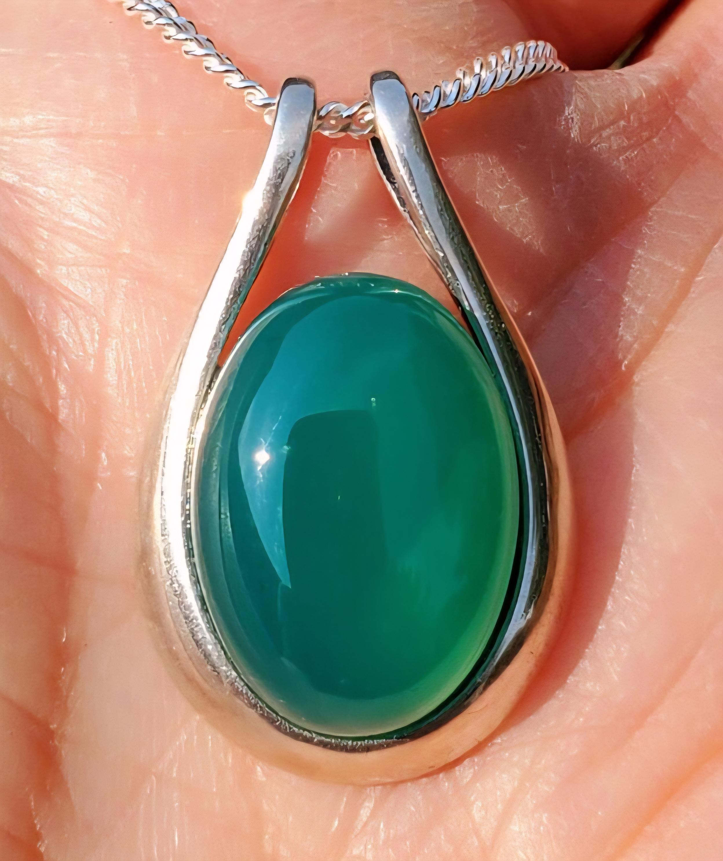 Natural Green Onyx Necklace, See Pretty Color On Video! 13x18mm Stone Cab, Sleek 925 Sterling Pendant, 20" Sterling Silver Chain