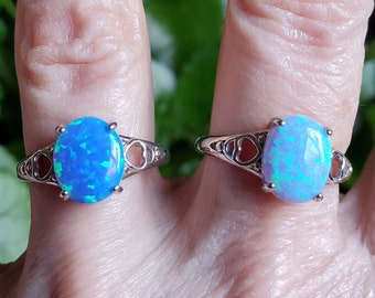 Blue Opal Heart Ring, Choose Shimmer Or Sky Blue, See Video! 8x10mm Lab Created Opal, 925 Sterling Heart Ring, Adjustable Size From 5-8