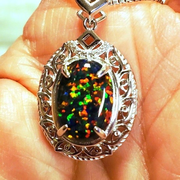 Black Opal Silver Necklace, Gorgeous 10x14mm Lab Created Opal, 925 Sterling Silver Vine Motif Pendant w/Square Bail, 18" Sterling Chain