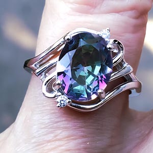 Genuine Mystic Topaz Ring, See Rainbow Flash On Video! 8x10mm Topaz, 925 Sterling Silver Artistic Ring w/2 CZ Accent Gems