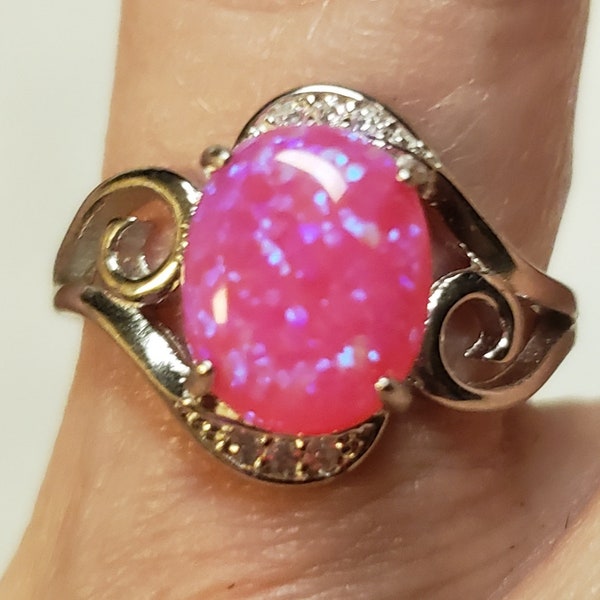 Hot Pink Opal Ring, Pretty Flash See Video! 8x10mm Lab Created Opal, 925 Sterling Modern Swirl Ring w/Crystal Accents, Adjustable Size 5-8.5