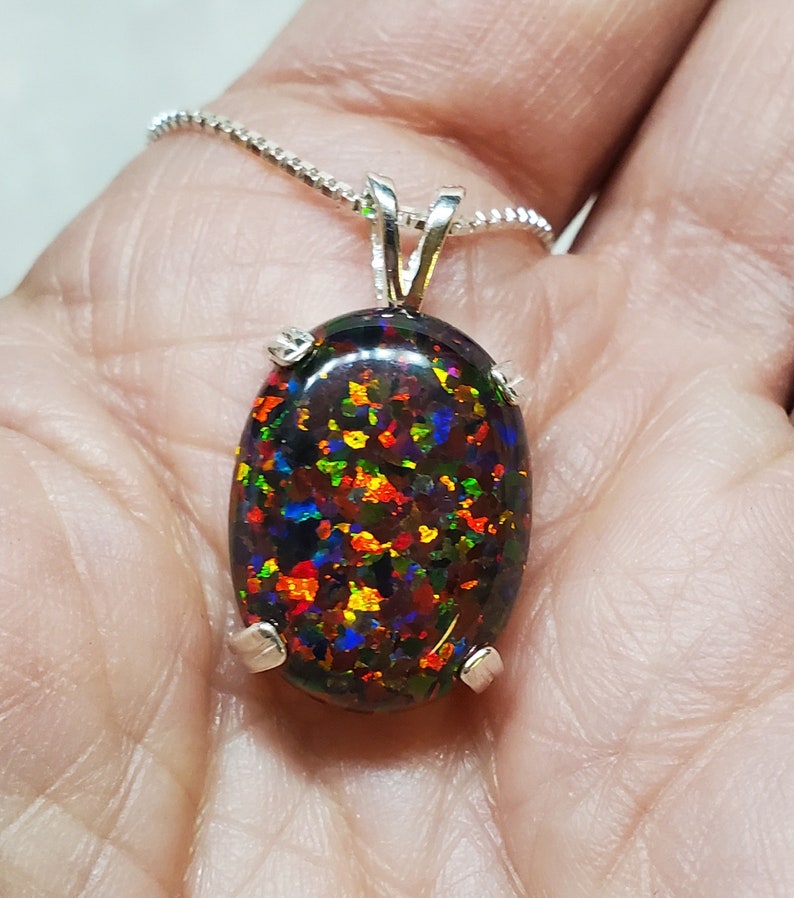 Large Black Cherry Opal Necklace, Must See Cherry Fire On Video 15x20mm Lab Created Opal, Unisex 925 Sterling Pendant, 18 Sterling Chain image 3